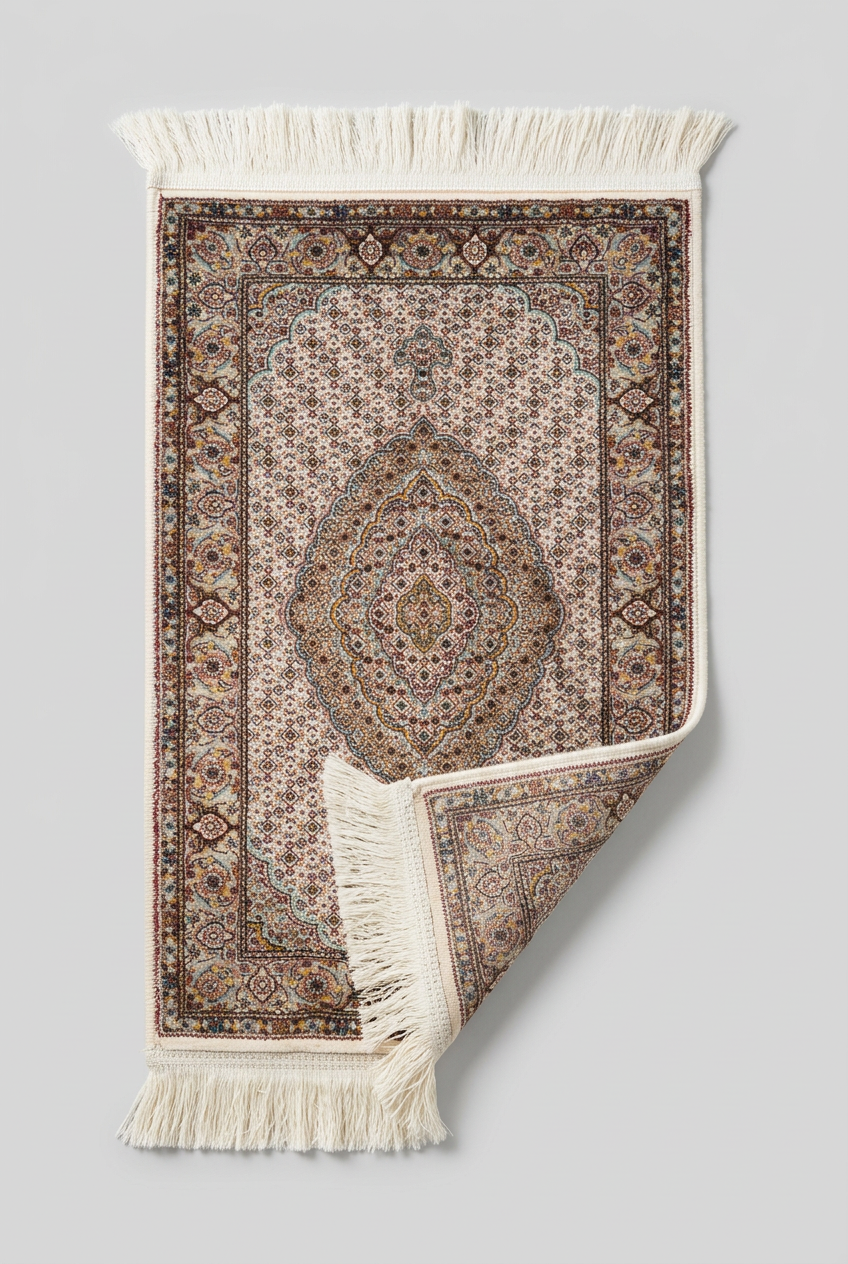 1200 Eimlek Premium Makine Halısı - Krem Zeminli Turkuaz Elmas Madalyonlu Tebriz Balık Desenli Salon Halısı 50x82 cm