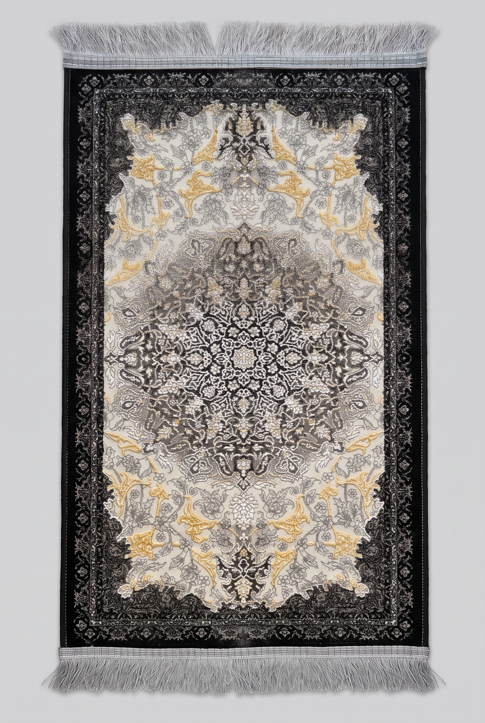 1200 Eimlek Premium Makine Halısı - Modern Gümüş Altın Desenli Siyah Bordürlü Salon Halısı 50x82 cm