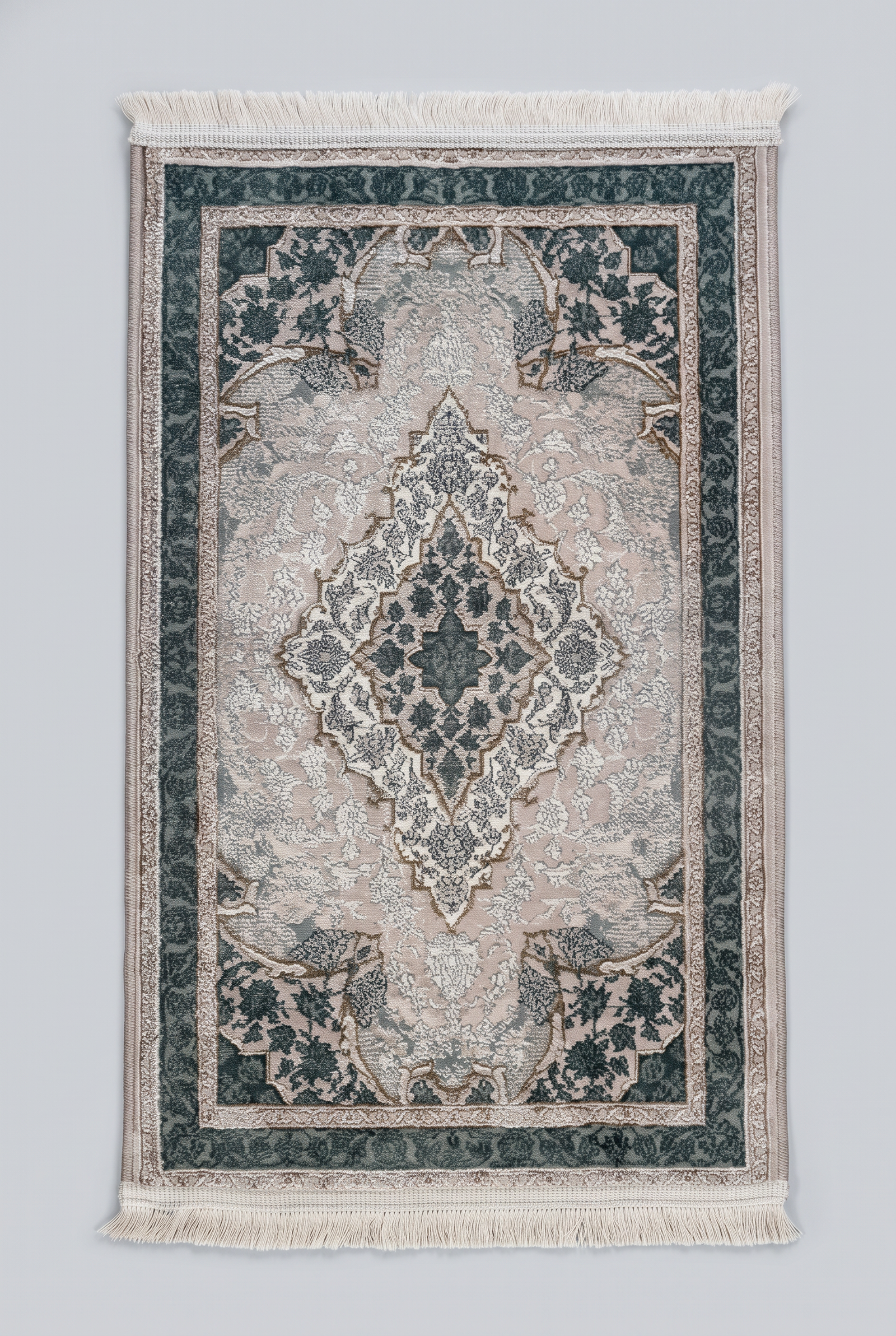 1200 Eimlek Premium Makine Halısı - Vintage Pudra Pembe Yeşil Desenli Elmas Madalyonlu Salon Halısı 50x82 cm