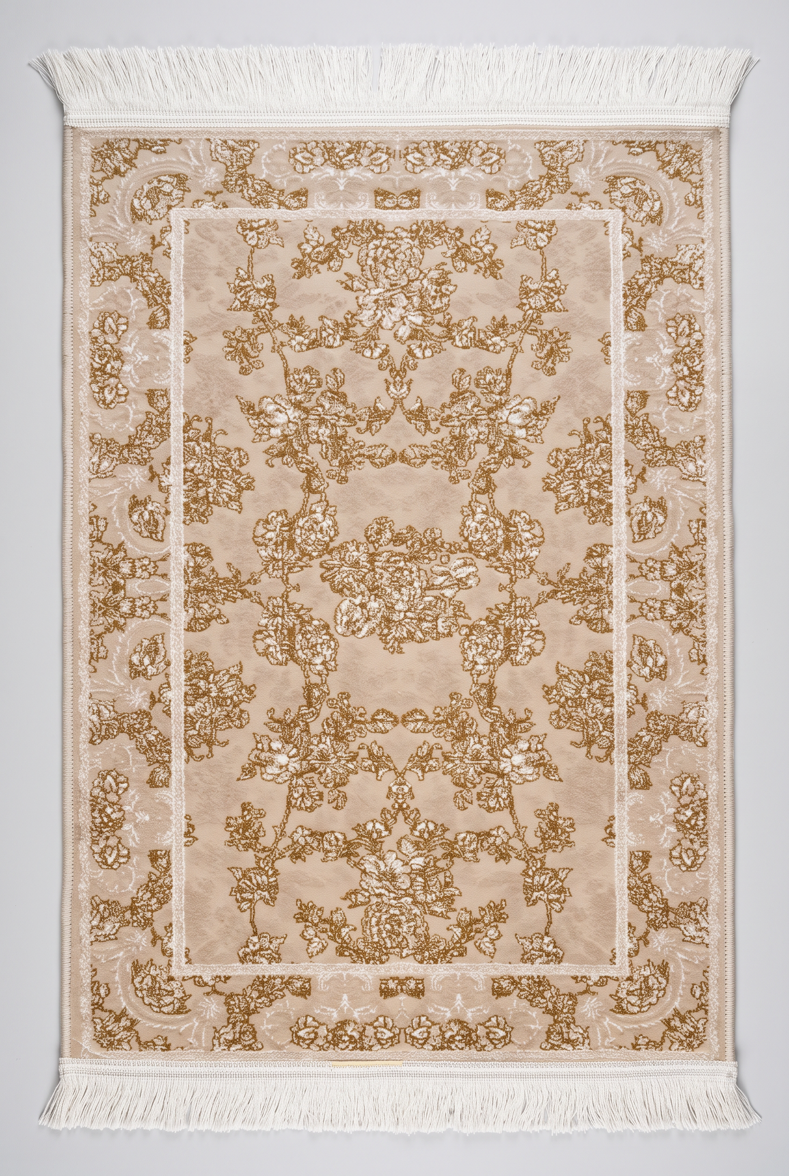 1200 Eimlek Premium Makine Halısı - Bej Gold Çiçek Desenli Nostaljik Vintage Salon Halısı 50x82 cm