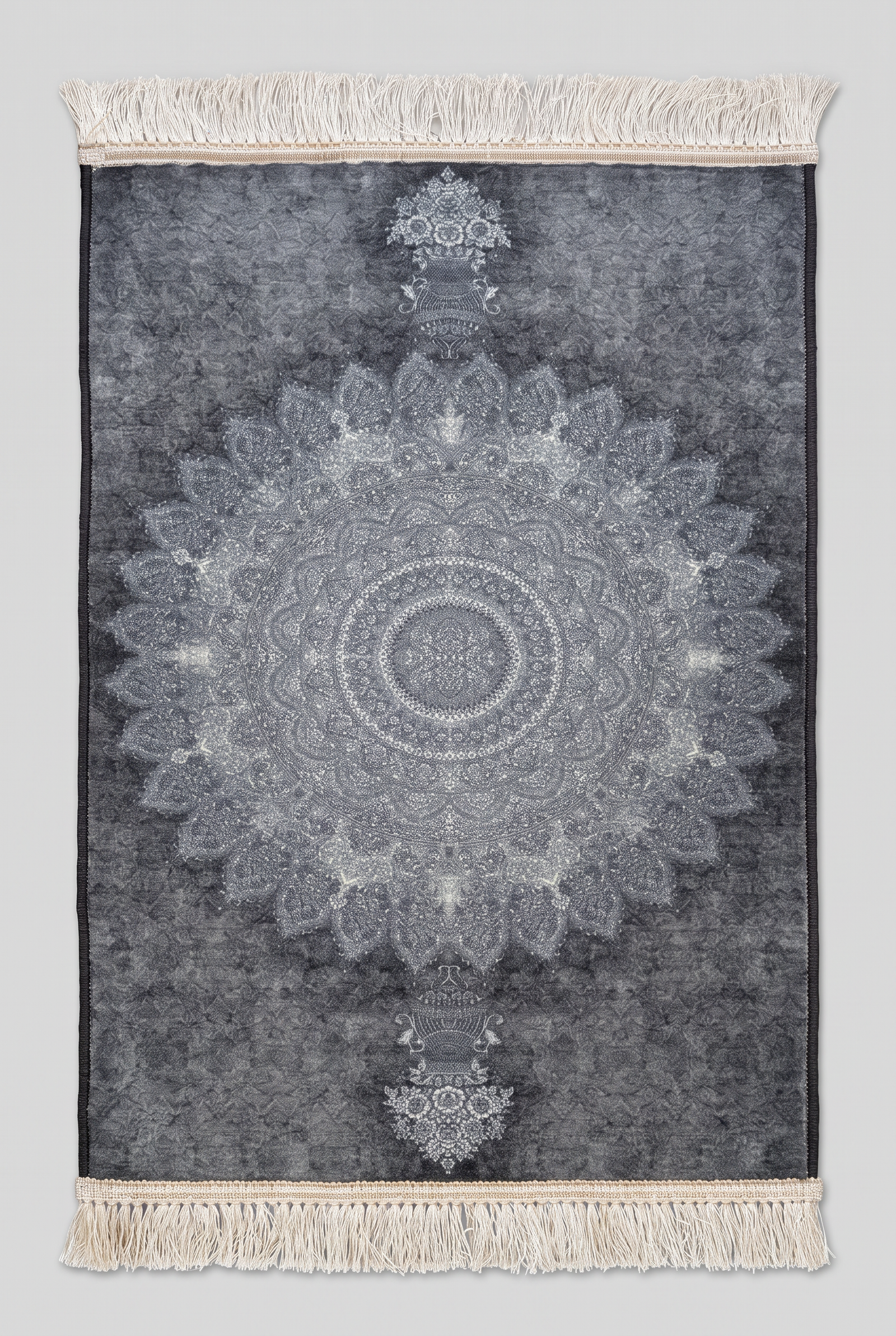 1200 Eimlek Premium Makine Halısı - Antrasit Gri Mandala Desenli Modern Dijital Baskı Salon Halısı 50x82 cm