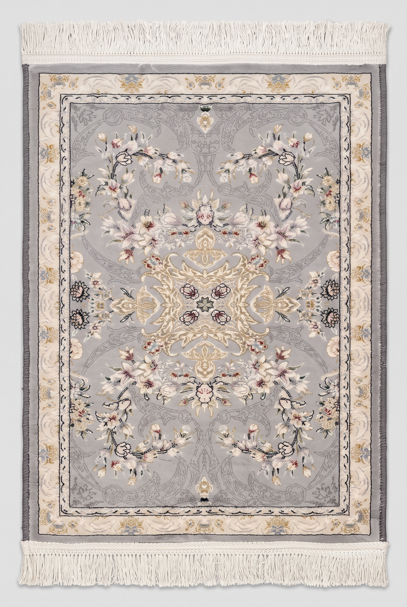 1200 Eimlek Premium Makine Halısı - Gri Zeminli Çiçek Buketli Fransız Barok Desenli Salon Halısı 50x82 cm