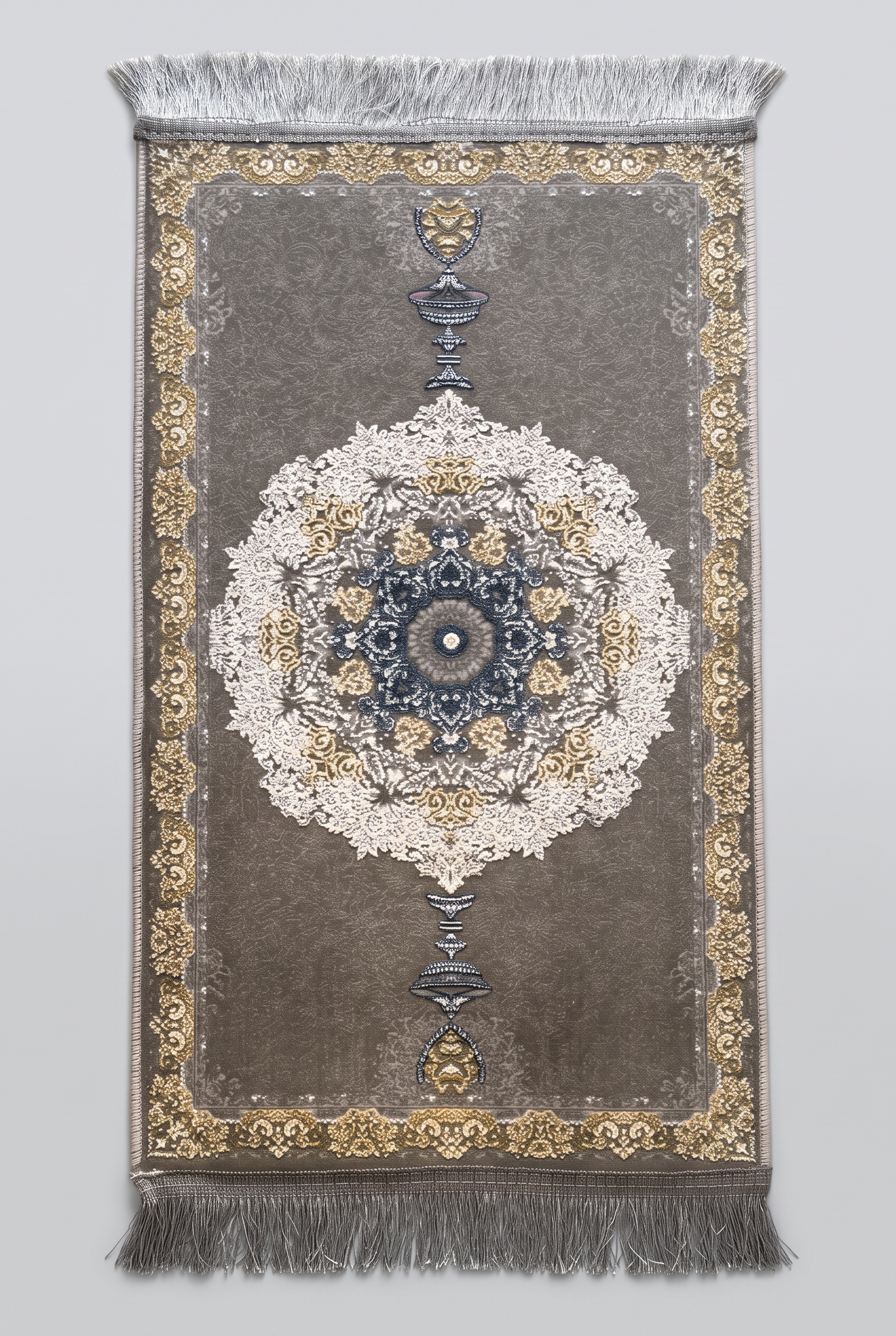 1200 Eimlek Premium Makine Halısı - Kahverengi Gold Madalyonlu Sembolik Vazo Desenli Salon Halısı 50x82 cm