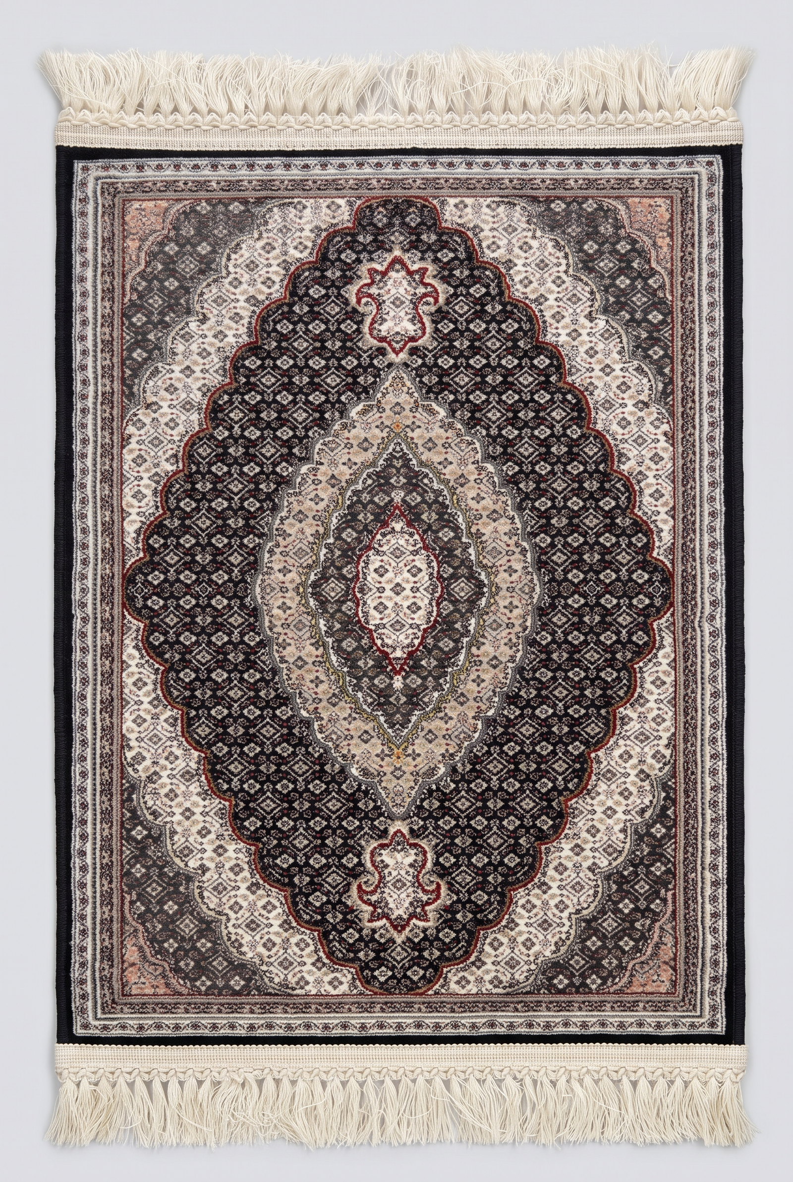 1200 Eimlek Premium Makine Halısı - Siyah Bordo Uzun Madalyon Desenli Tebriz Tarzı Salon Halısı 50x82 cm