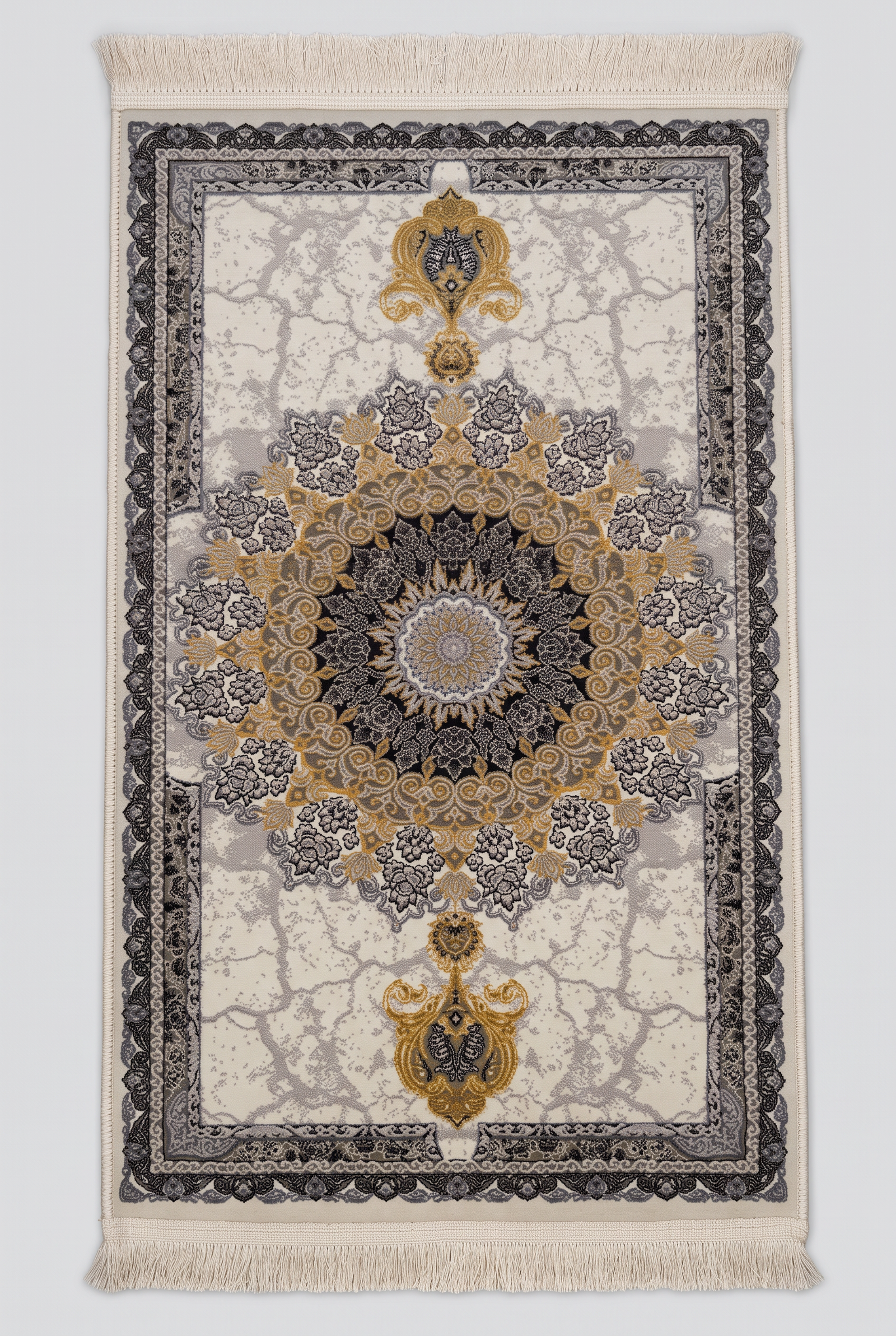 1200 Eimlek Premium Makine Halısı - Krem Zeminli Gold Siyah Yıldız Madalyonlu Gül Desenli Salon Halısı 50x82 cm