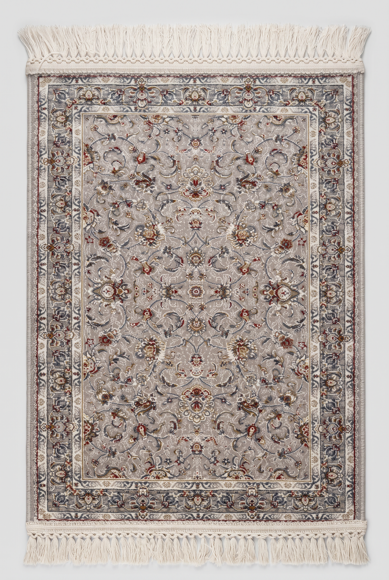 1200 Eimlek Premium Makine Halısı - Taş Gri Zeminli Klasik İsfahan Desenli Bordo Detaylı Salon Halısı 50x82 cm