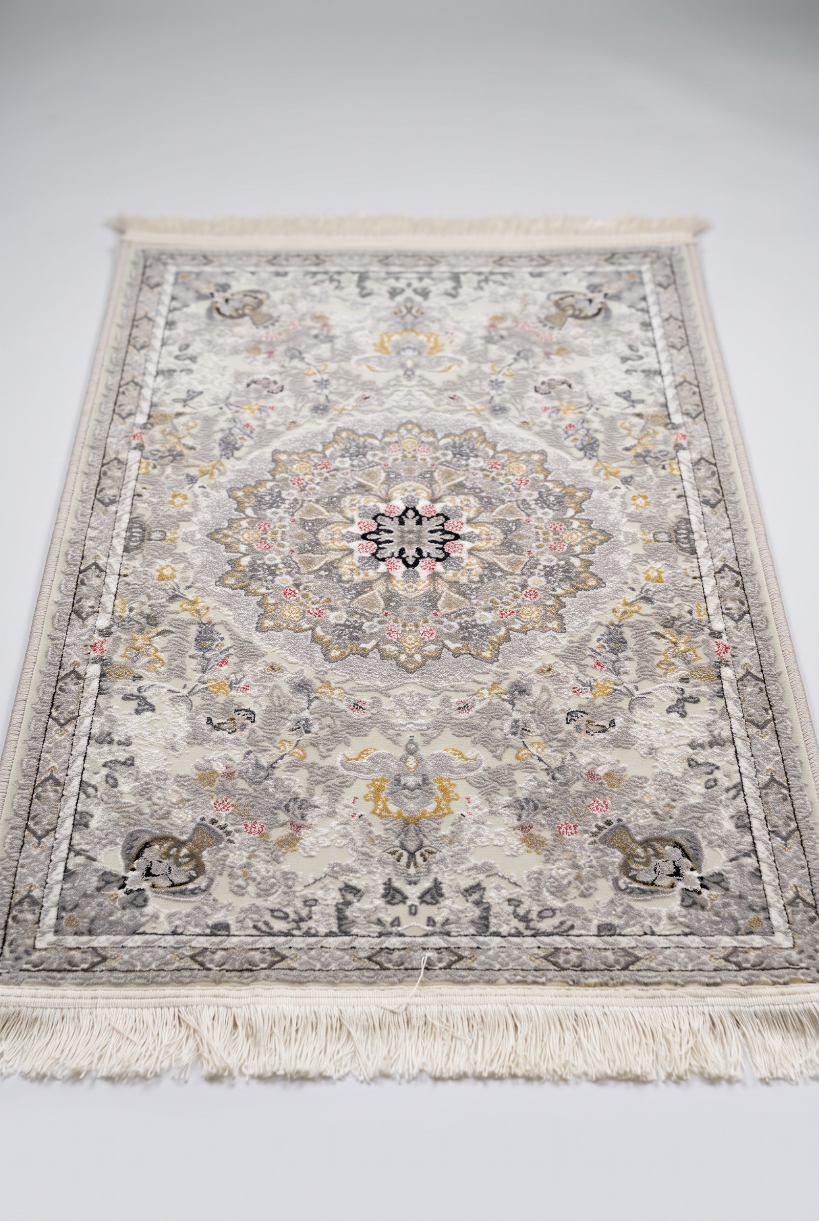 1200 Eimlek Premium Makine Halısı - Gri Krem Zeminli Yıldız Madalyonlu Köşe Kuş Motifli Salon Halısı 50x82 cm