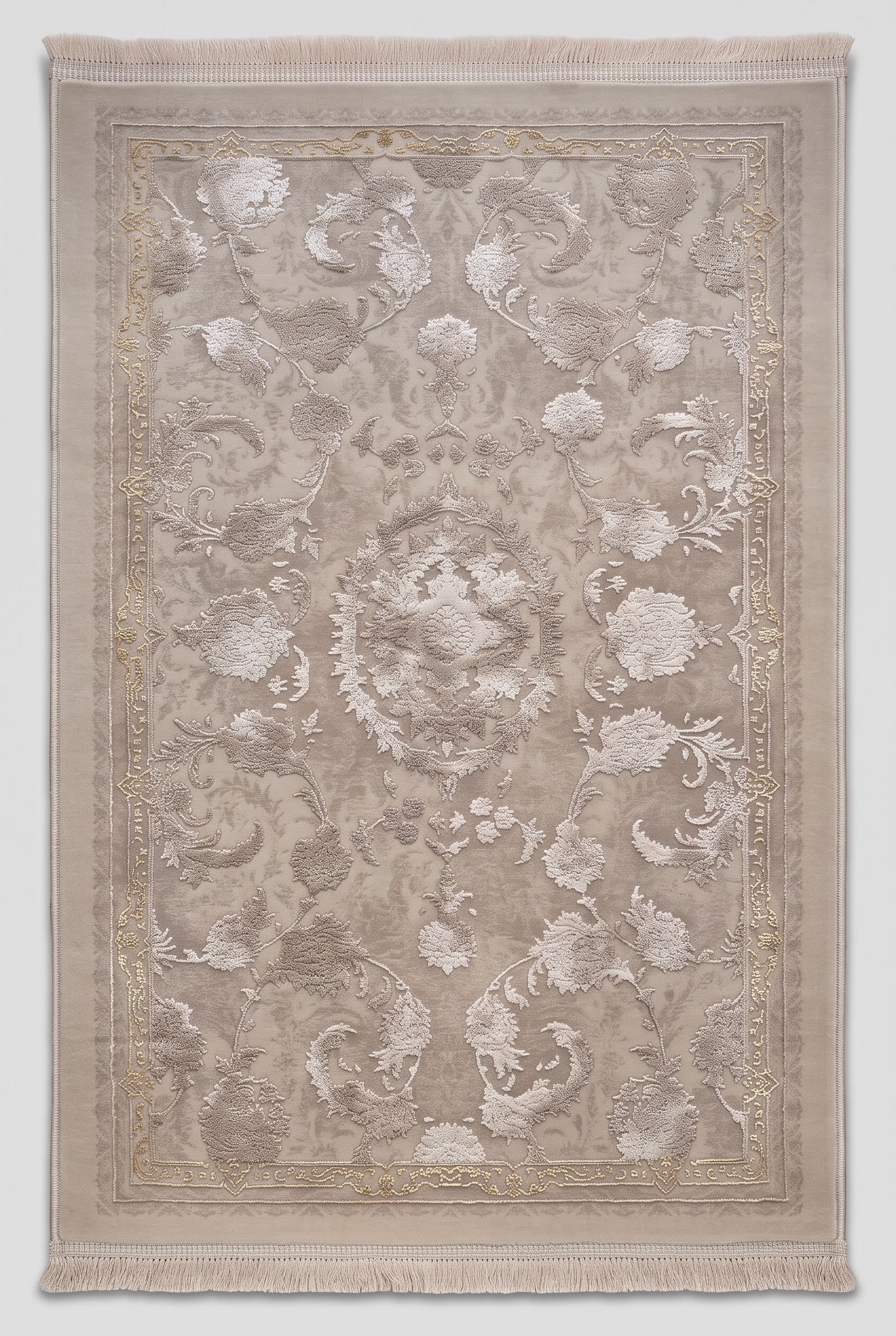 1200 Eimlek Premium Makine Halısı - Ton Tonu Bej Kabartma Dokulu Barok Yaprak Desenli Salon Halısı 50x82 cm