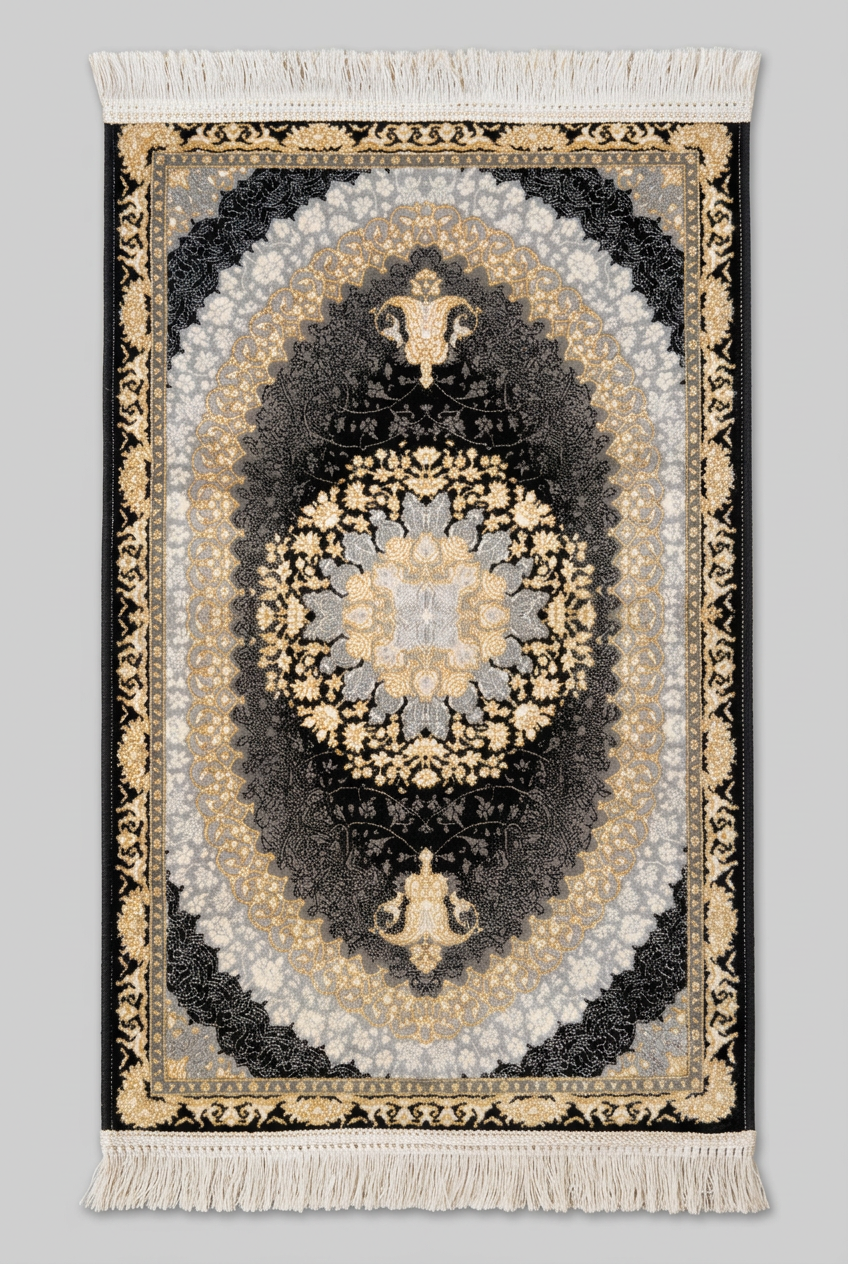 1200 Eimlek Premium Makine Halısı - Siyah Gold Katmanlı Oval Madalyonlu Gösterişli Salon Halısı 50x82 cm