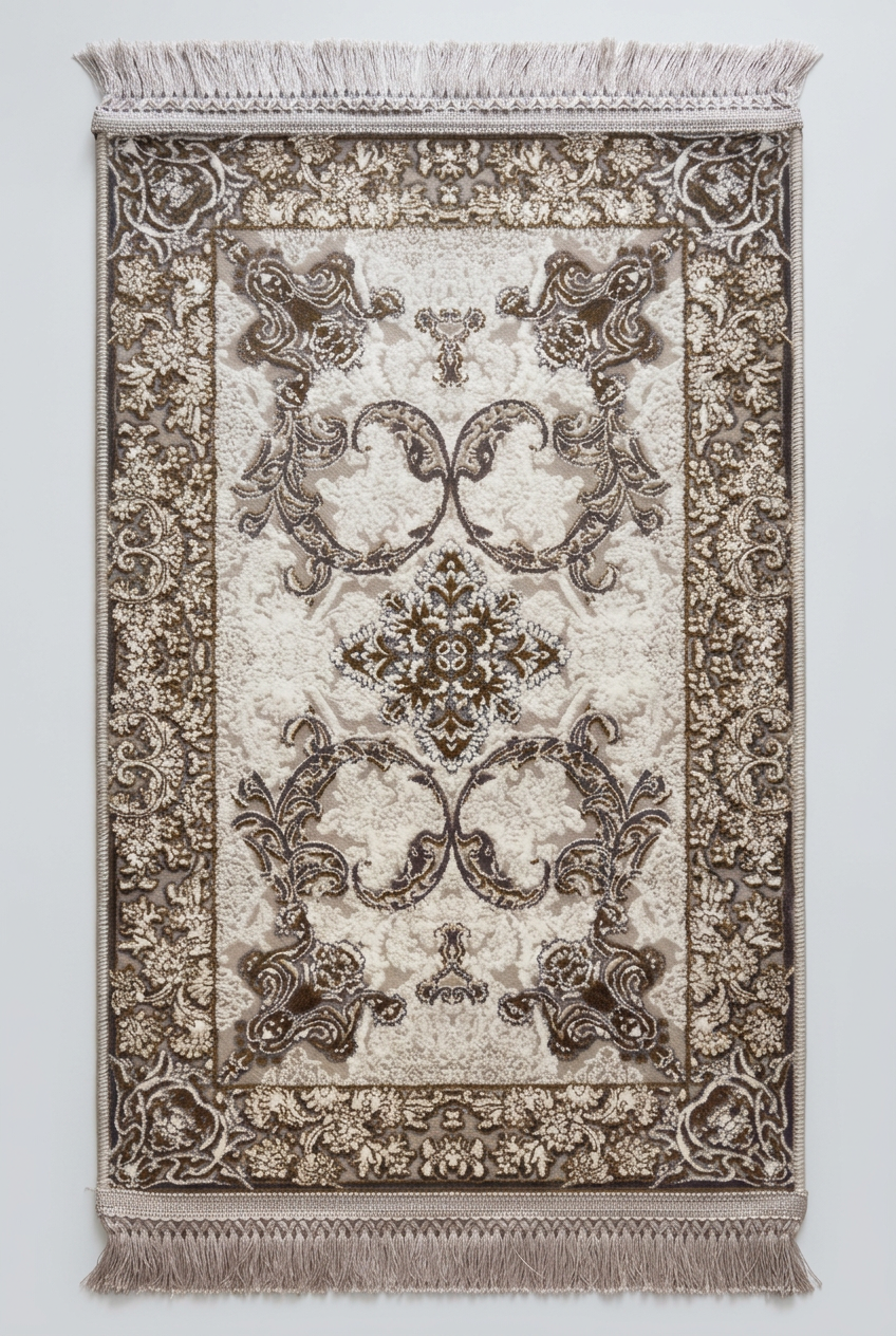 1200 Eimlek Premium Makine Halısı - Krem Kahverengi Barok Kıvrım Desenli Elmas Rozetli Salon Halısı 50x82 cm