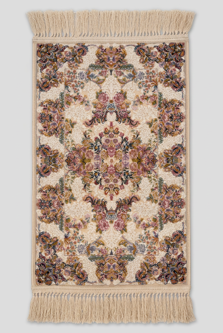 1200 Eimlek Premium Makine Halısı - Krem Zeminli Yuvarlak Madalyonlu Bahçe Çiçekli Kirman Tarzı Salon Halısı 50x82 cm