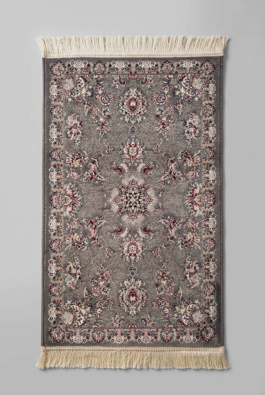 1200 Eimlek Premium Makine Halısı - Füme Gri Zeminli Bordo Krem Yıldız Madalyonlu Zengin Desenli Salon Halısı 50x82 cm