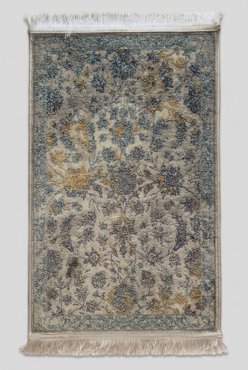 1200 Eimlek Premium Makine Halısı - Bej Mavi Hardal Sarısı Doğal Çiçek Desenli Vintage Doku Salon Halısı 50x82 cm