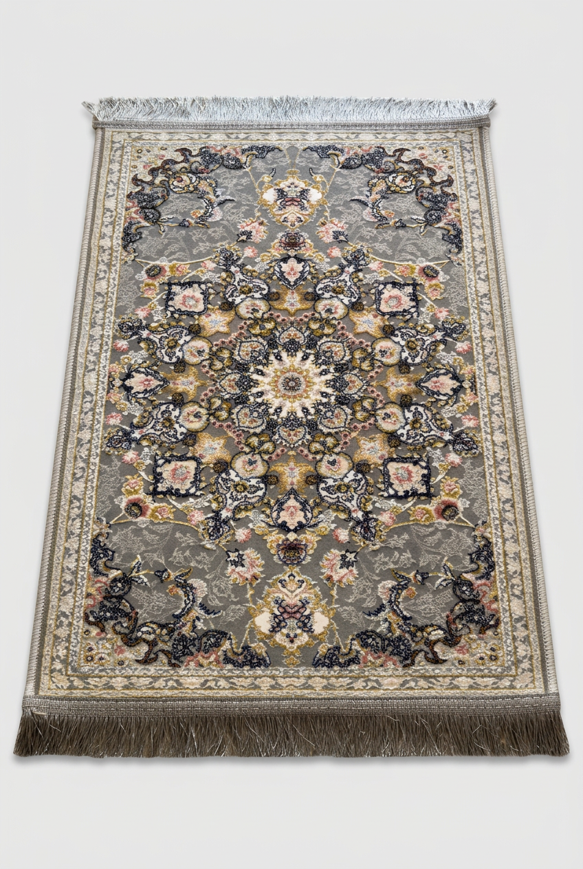 1200 Eimlek Premium Makine Halısı - Gri Zeminli Yıldız Güneş Madalyonlu Renkli Barok Desenli Salon Halısı 50x82 cm