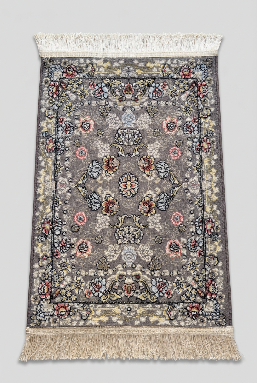 1200 Eimlek Premium Makine Halısı - Mor Gri Zeminli Elmas Çerçeveli Renkli Çiçek Buketli Salon Halısı 50x82 cm