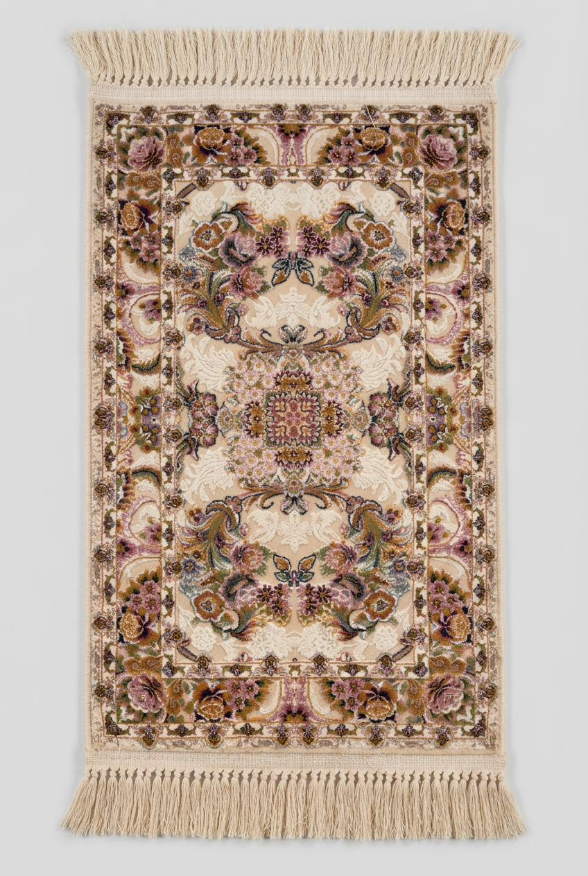 1200 Eimlek Premium Makine Halısı - Krem Zeminli Pembe Hardal Gül Bordürlü Zarif Çiçek Desenli Salon Halısı 50x82 cm