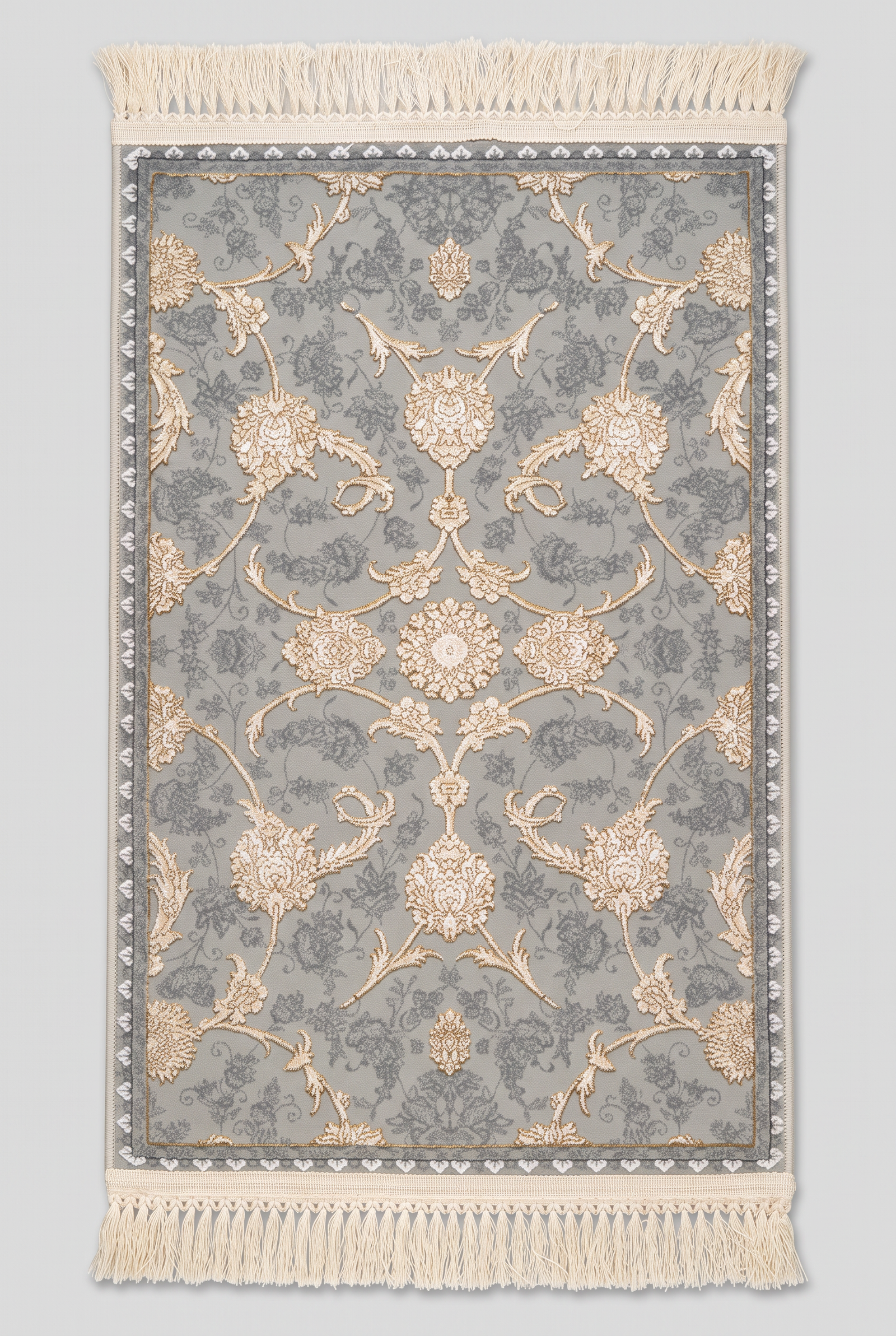 1200 Eimlek Premium Makine Halısı - Gri Zeminli Gold Simetrik Çiçek Desenli Modern Salon Halısı 50x82 cm