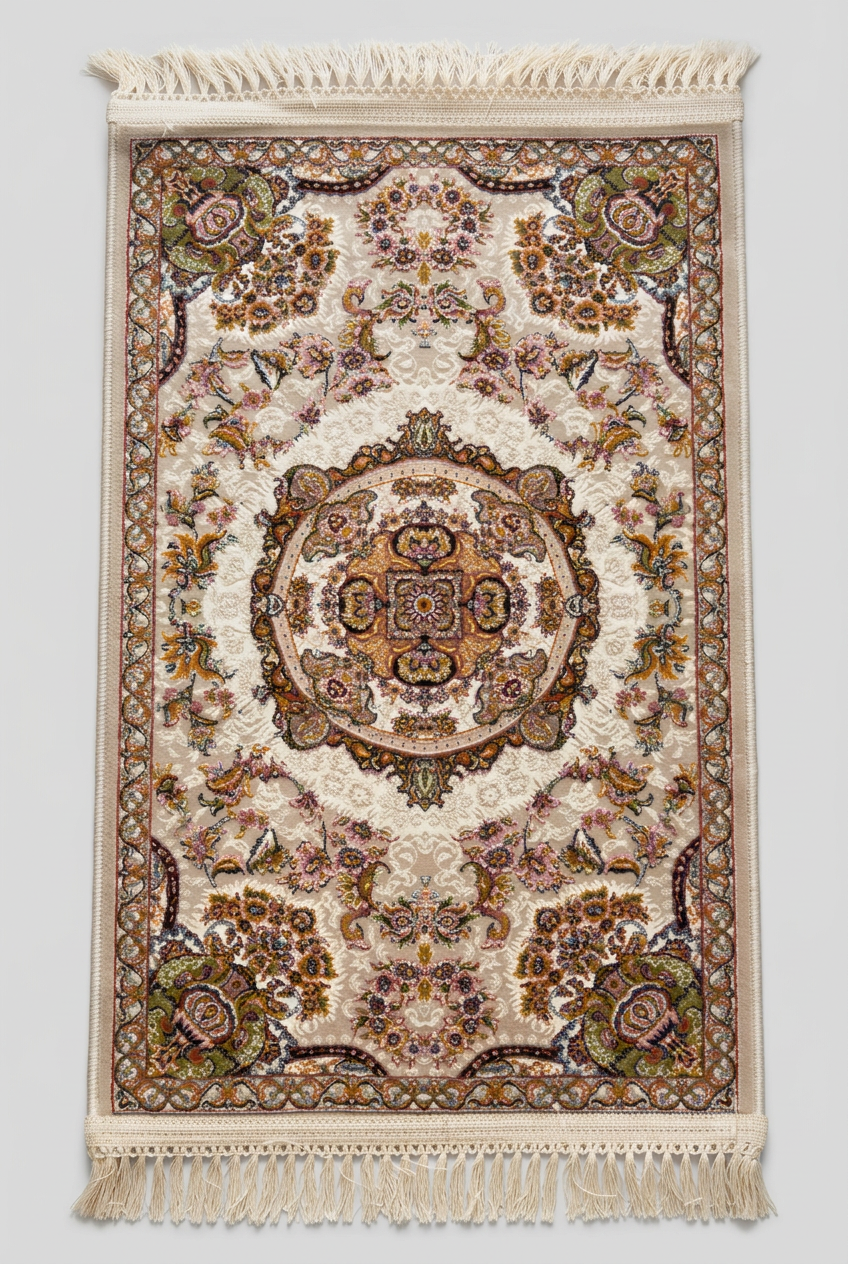 1200 Eimlek Premium Makine Halısı - Krem Zeminli Yuvarlak Madalyonlu Bahçe Çiçekli Kirman Tarzı Salon Halısı 50x82 cm
