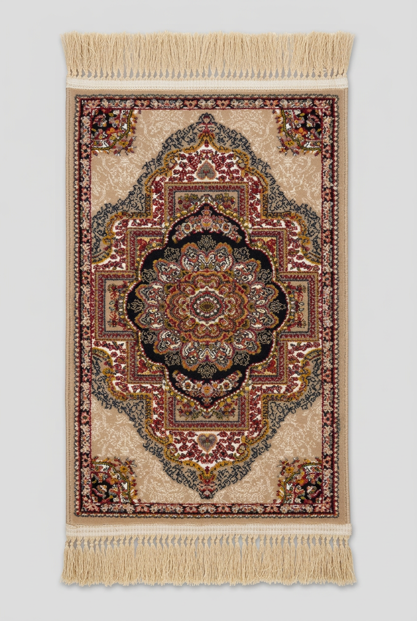 1200 Eimlek Premium Makine Halısı - Bej Zeminli Bordo Lacivert Yıldız Formunda Katmanlı Madalyonlu Salon Halısı 50x82 cm