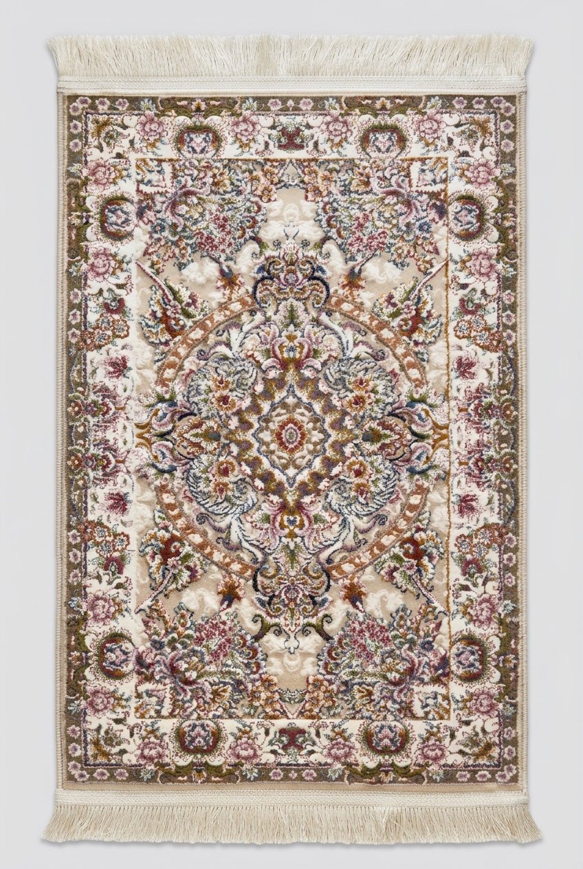 1200 Eimlek Premium Makine Halısı - Tebriz Balık Desenli Mahi Motifli Krem Zeminli Salon Halısı 50x82 cm